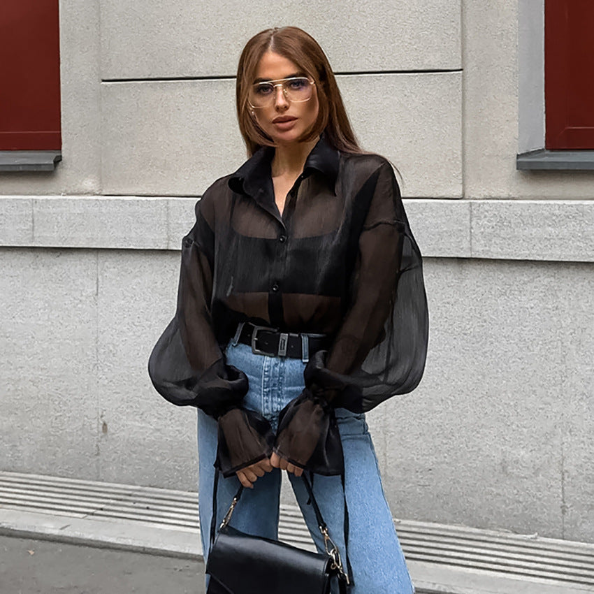 Women's Fashion See-through Black Shirt