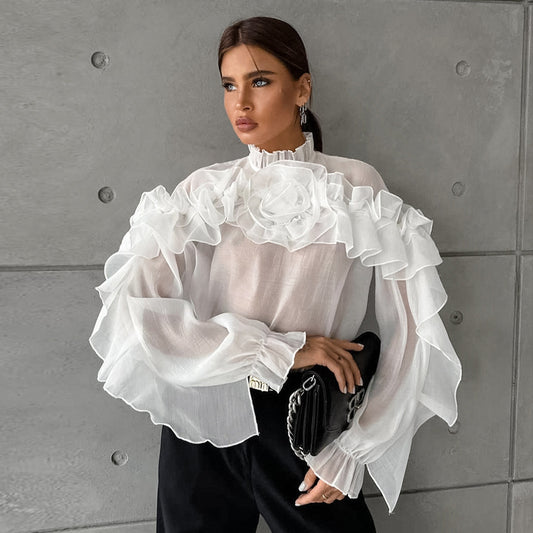 Ladies Ruffled Stand Collar Tencel Shirt