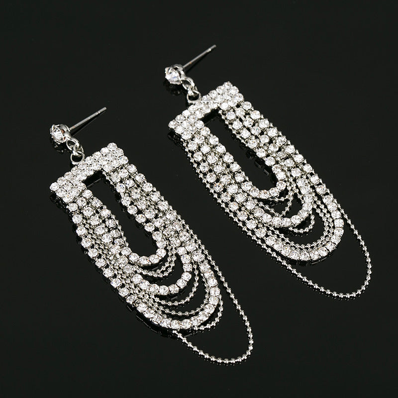 Modern Elegant Bead-set Diamond Tassel Ear Studs