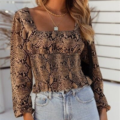 Women's Long-sleeved Square Collar Printed Short Top